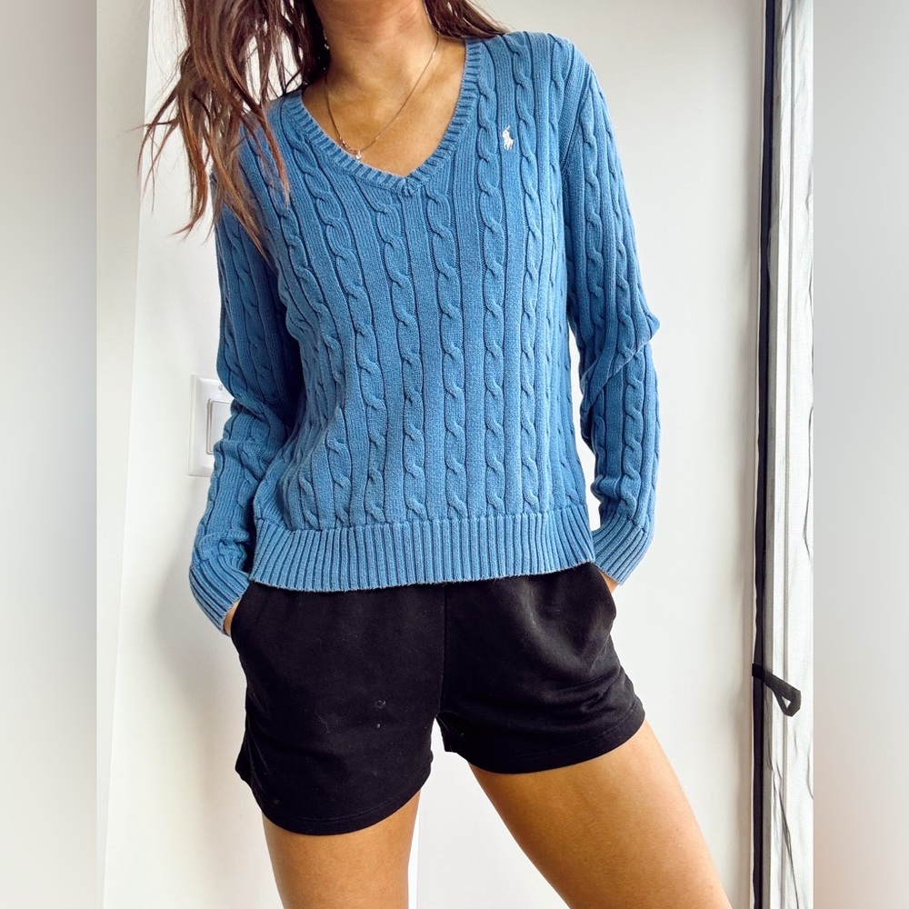 Polo Ralph Lauren Light Blue Cable Knit V-Neck Sweater Womens's Size Large